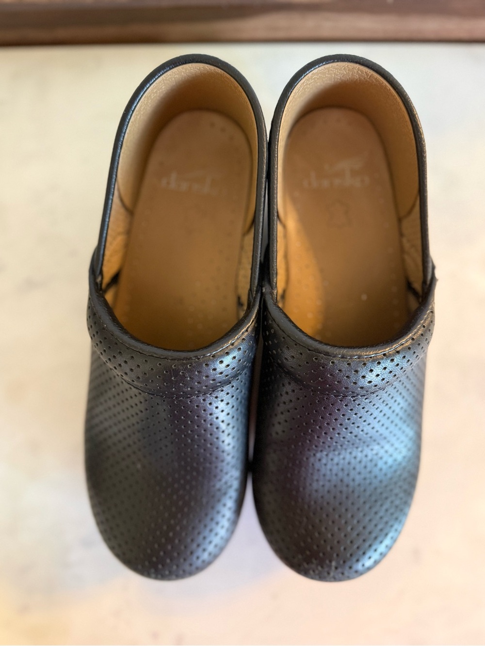 Dansko Black Perforated Leather Clogs with Gold Stud Accents - Picture 6 of 7